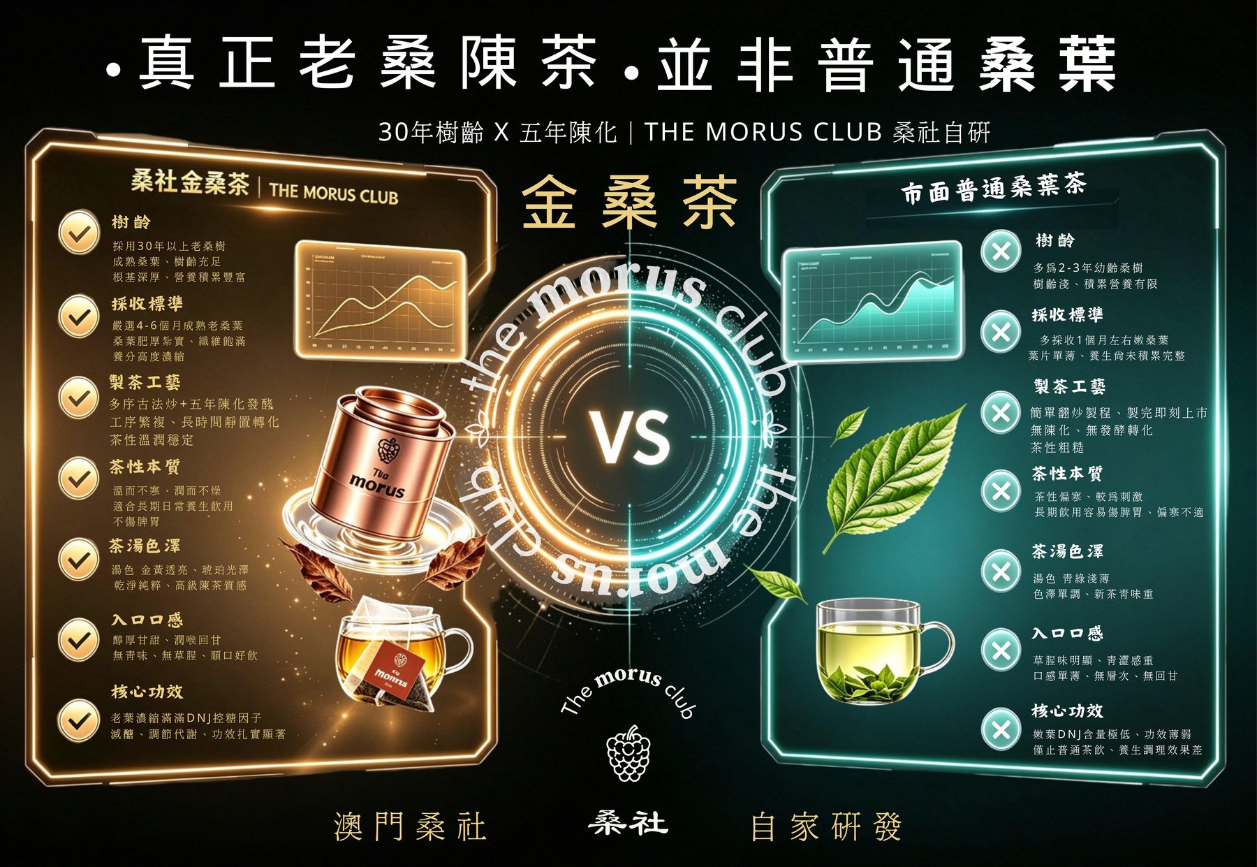 桑社金桑茶與市面普通桑葉茶七項對比圖